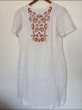 abito 100% Linen White Dress Rust Embroidered Front